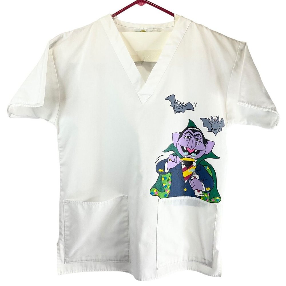 Sesame Street Dentist Scrub Top Womens Sz Small White Count w/ Toothbrush & Bats - Picture 1 of 10